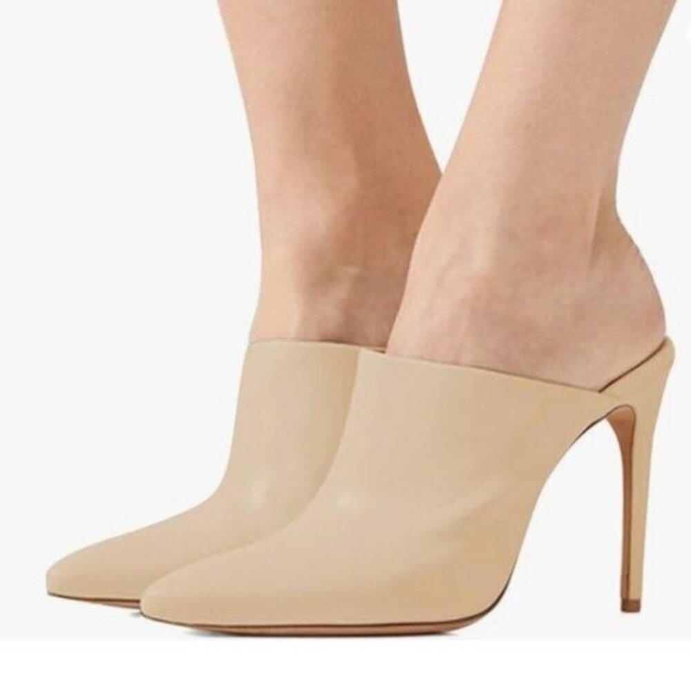 FSJ Nude Closed Pointed Toe Mules Slide Sandals Stiletto High Heels Classic Shoe